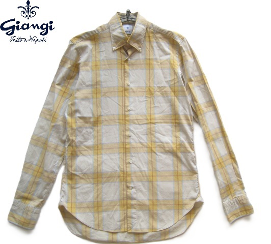 極上イタリア製!!ジャンジ ナポリ Giangi NAPOLI*定価2.2万 美シルエット チェック柄ボタンダウンシャツ 39 M拍卖