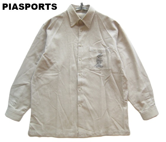 極上日本製2.6万!!ピアスポーツ PIASPORTS*ロゴ&バッグスバニー刺繍 胸ポケット付き ウールフランネルシャツ 4 実寸M ライカ RAIKA拍卖