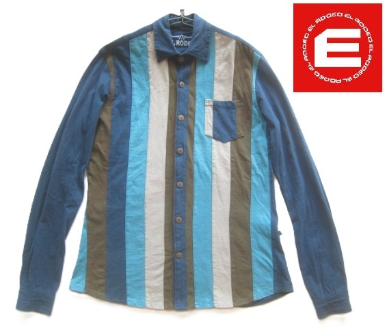 美品!!エルロデオ EL RODEO*後染め加工 ストライプ柄パッチワークカットソーシャツ 実寸メンズM拍卖
