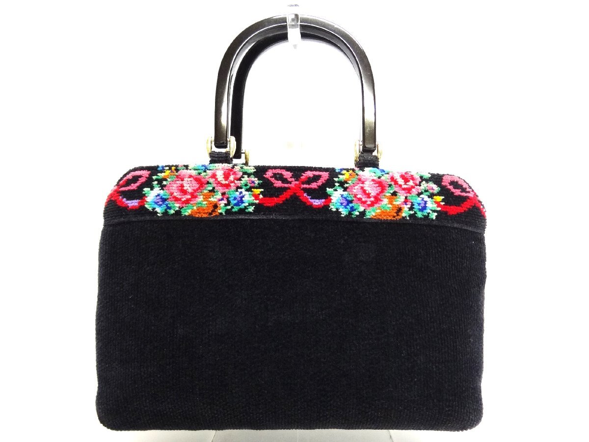 Lake Alster レイクアルスター ハンドバッグ ブラック 花柄×ローズ×リボン シェニール織 ☆P拍卖