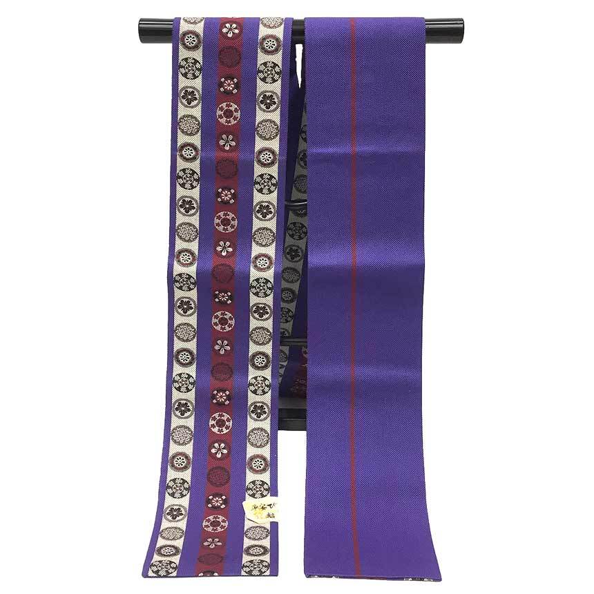 京やK404 半幅帯 小袋帯 半巾帯 コットン×ポリノジック リバーシブル 2WAY ストライプ 丸文様 伝統工芸 浴衣帯 オールシーズン拍卖