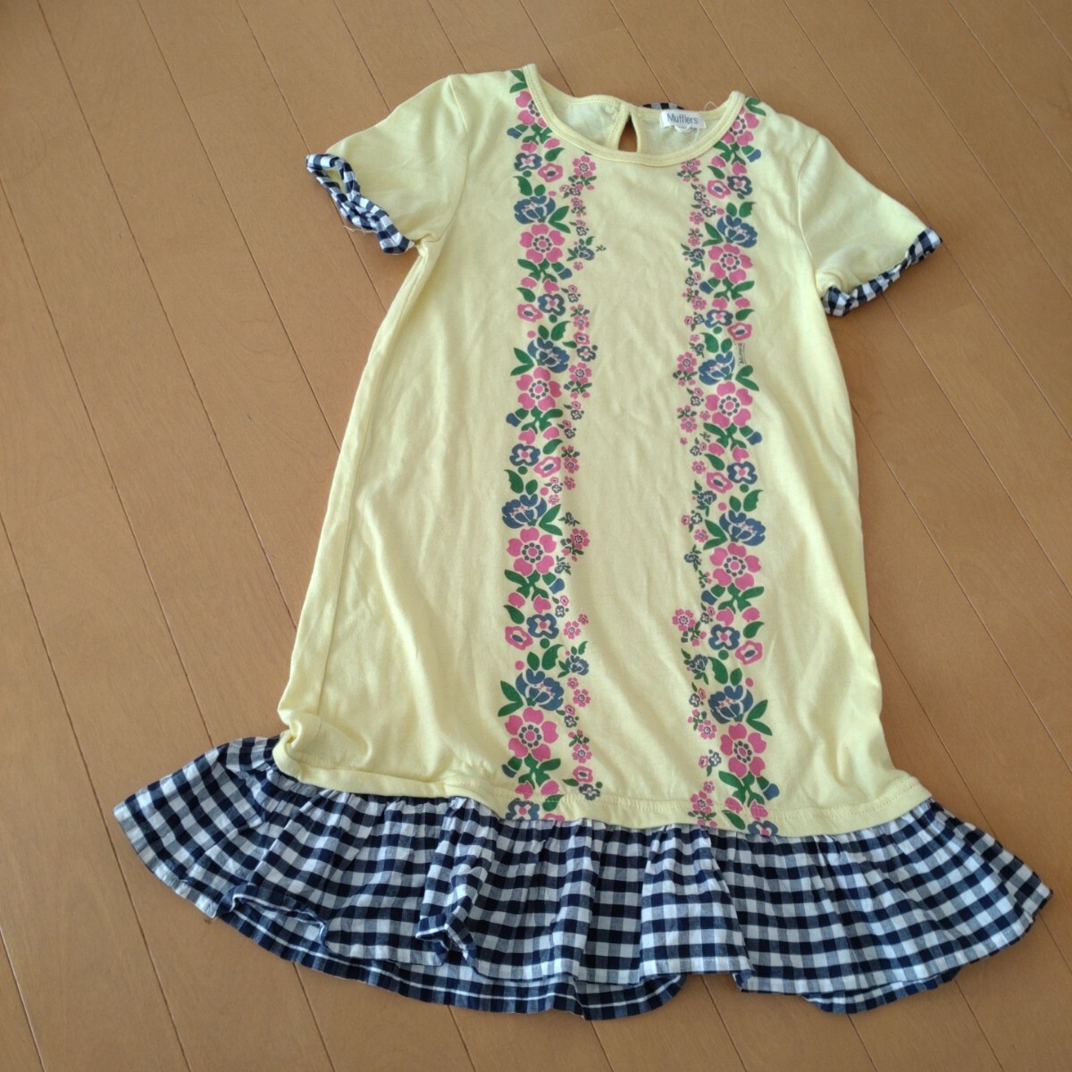 花柄ギンガムチェック 半袖チュニックTシャツ 140 女の子 女児 キッズ ワンピ拍卖