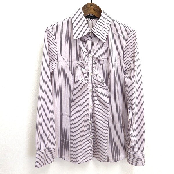 #a レリアン Leilian 長袖 シャツ ブラウス 11号 紫系 マルチ ストライプ パールボタン ストレッチ ギャザー 綿 日本製 レディース 962941拍卖