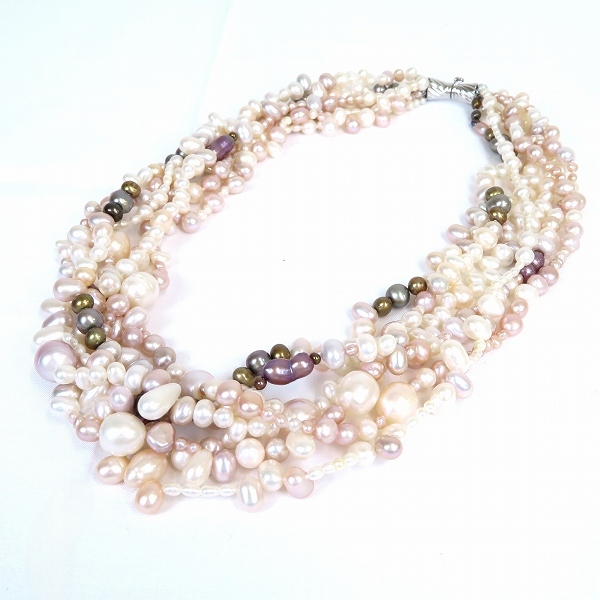 #ae 淡水 パール 6連 ネックレス ピンク系 マルチカラー シルバー silver 刻印 真珠 淡水パール バロック 531089 k01拍卖