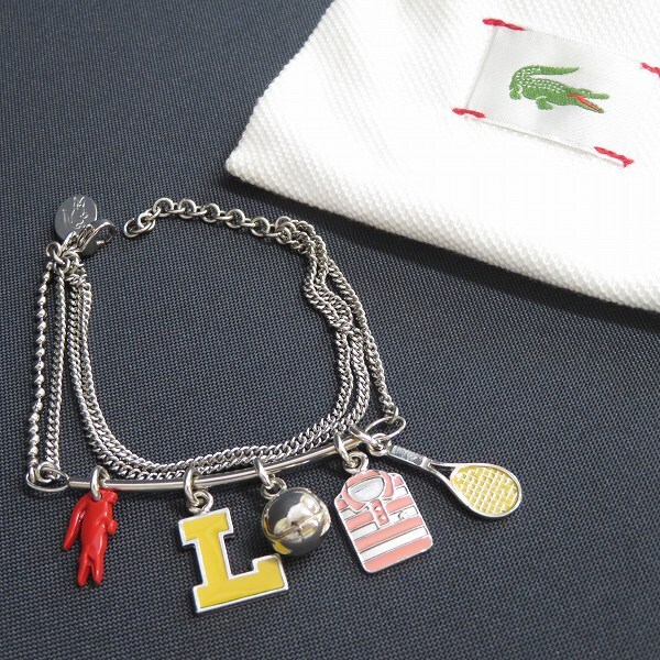 #ae ラコステ LACOSTE 4連 ブレスレット シルバー テニス チャーム ワニ テニスボール ラケット スポーツ 袋付き 943356 k01拍卖