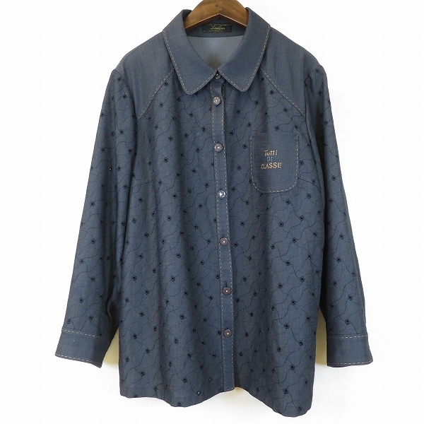 #aレリアン Leilian シャツ ブラウス ジャケット 15+ 紺系 花柄刺繍 長袖 飾りボタン 大きいサイズ 962944 k01拍卖