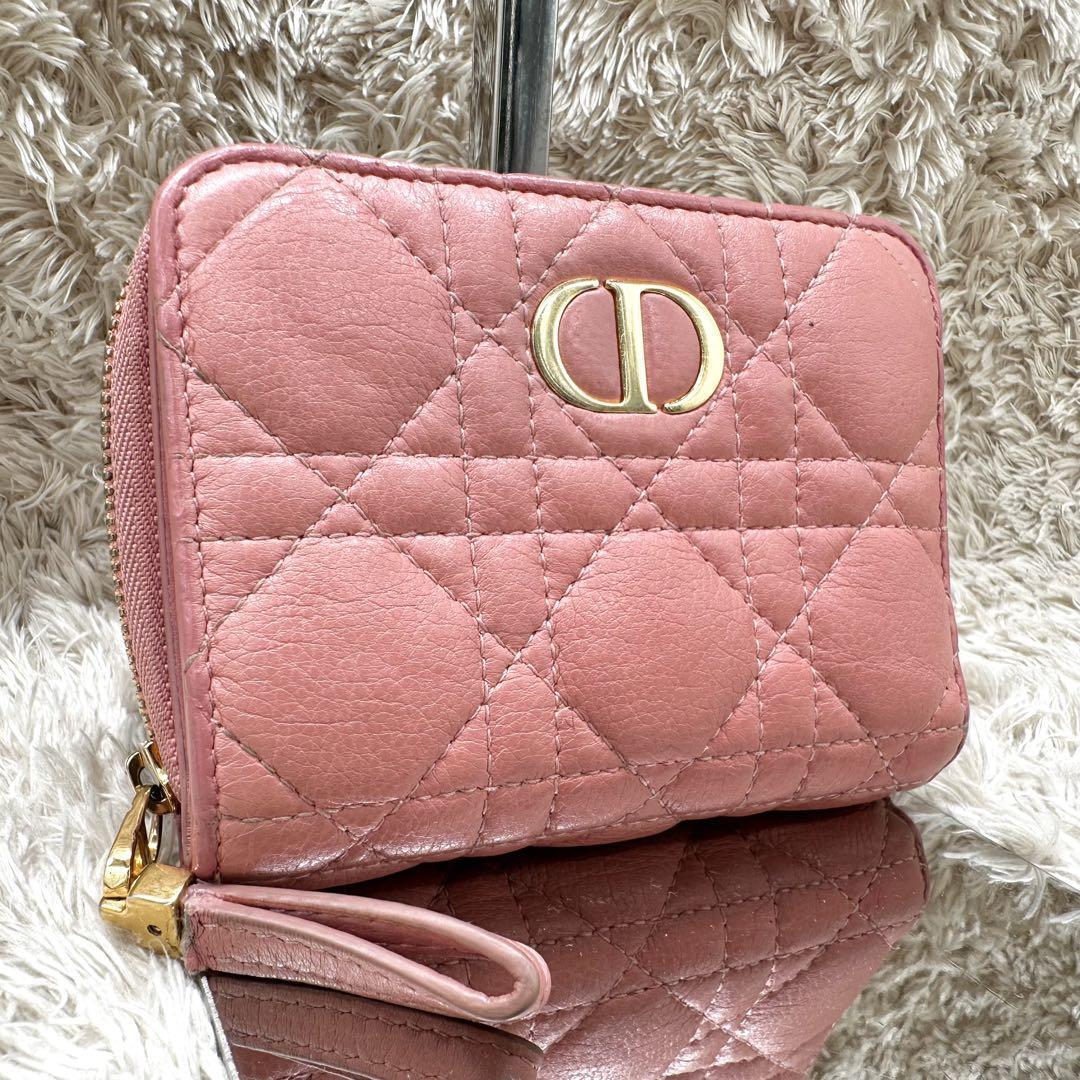 【美品】Christian Dior クリスチャンディオール 二つ折り財布 ピンク キルティング CDロゴ レディース カナージュ レザー 本革 ビジネス拍卖