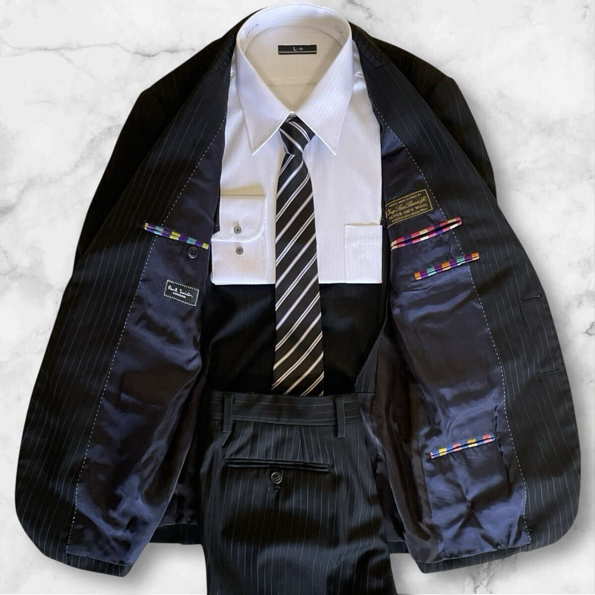 1円〜【美品/大人の勝負服】Paul Smith LONDON ポールスミスロンドン スーツセットアップ ロロピアーナsuper130's ストライプ 黒 M拍卖