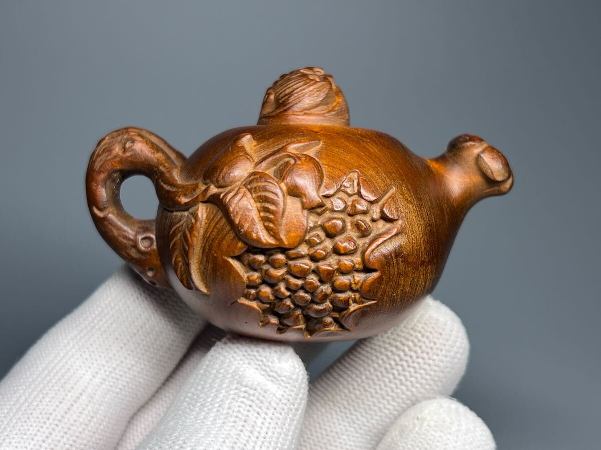 古美術 黄楊木 茶壺形 柘榴 ザクロ 置物 細工彫 木製 木彫り 金運財運風水拍卖