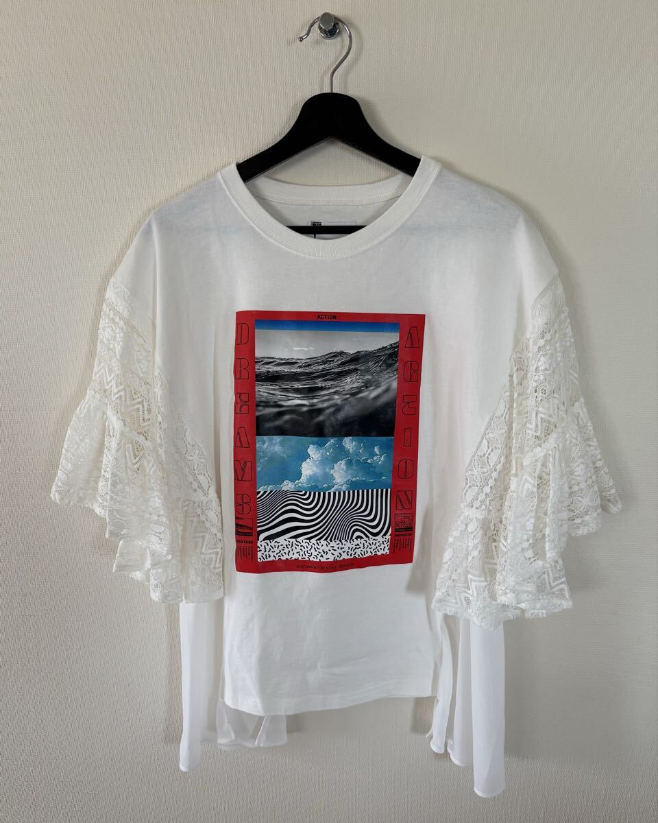 24SS / OKIRAKU x ROSE BUD / レーススリーブグラフィックプリントトップス / SIZE:FREE / WHITE / オキラク ローズバッド /半袖カットソー拍卖
