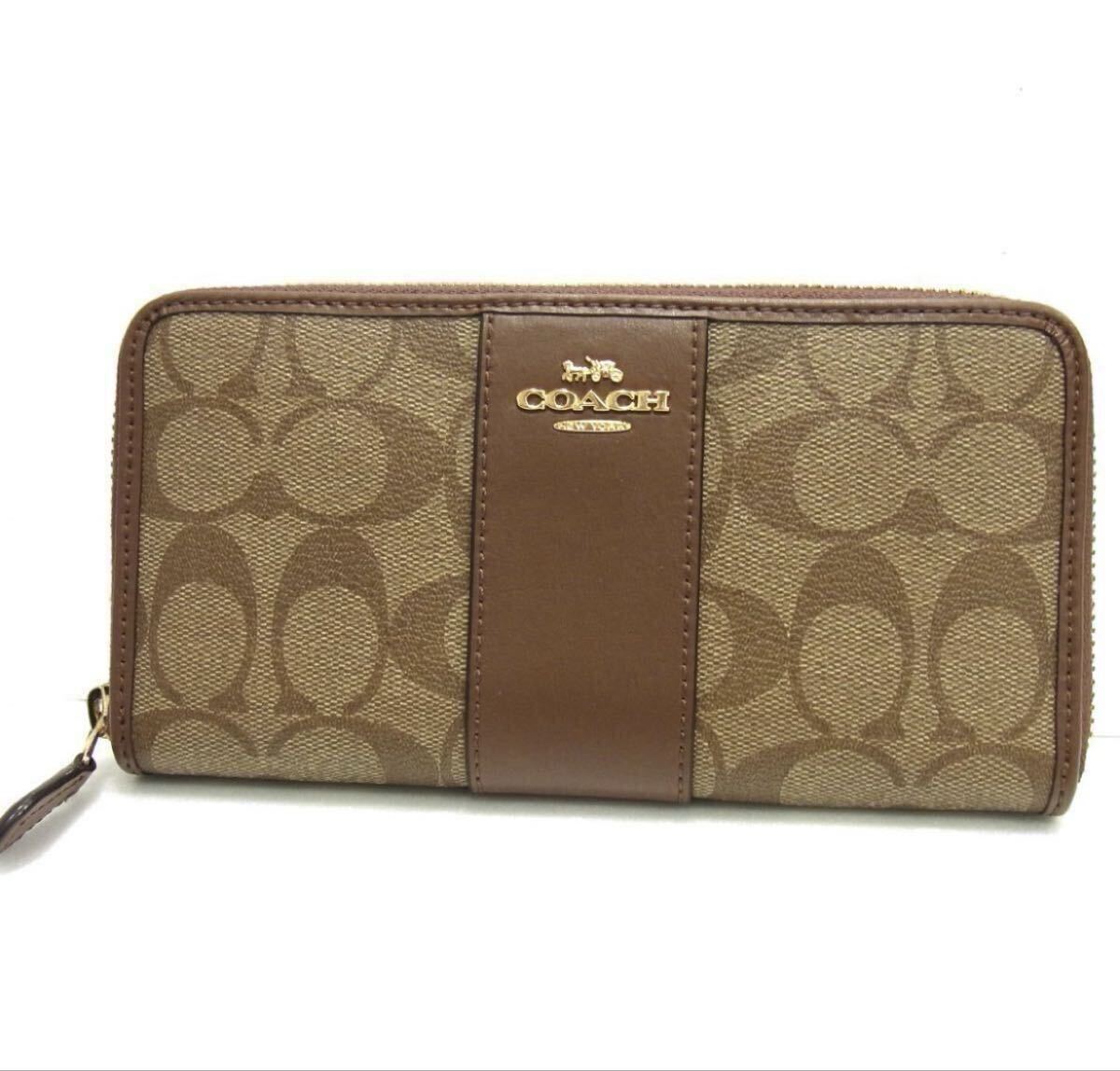 美品☆COACH ラウンドファスナー ウォレット 長財布 シグネチャー レザー使い 小銭入れ有り コーチ拍卖