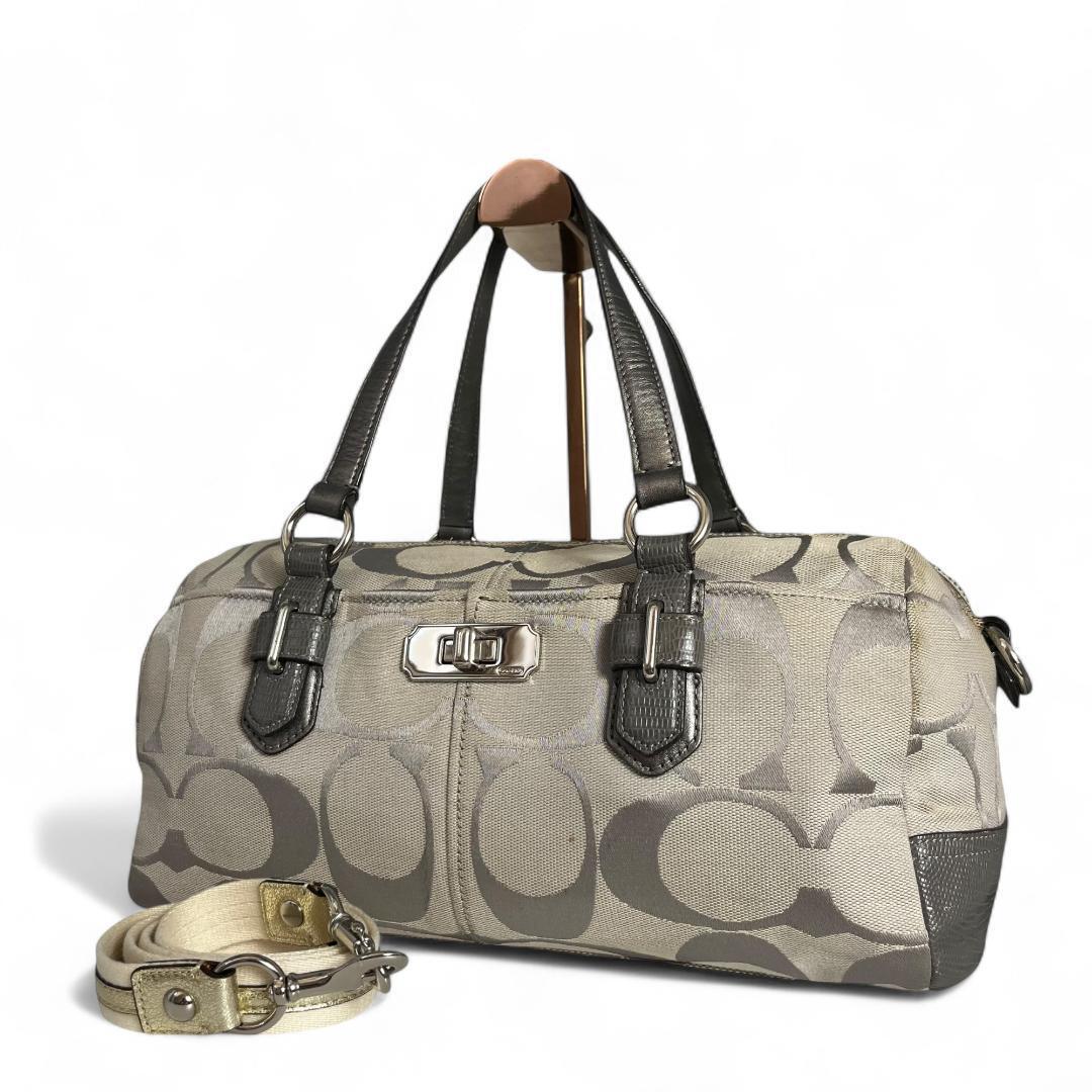 良品 COACH ハンドバッグ キャンバス グレー シグネチャー ターンロック拍卖