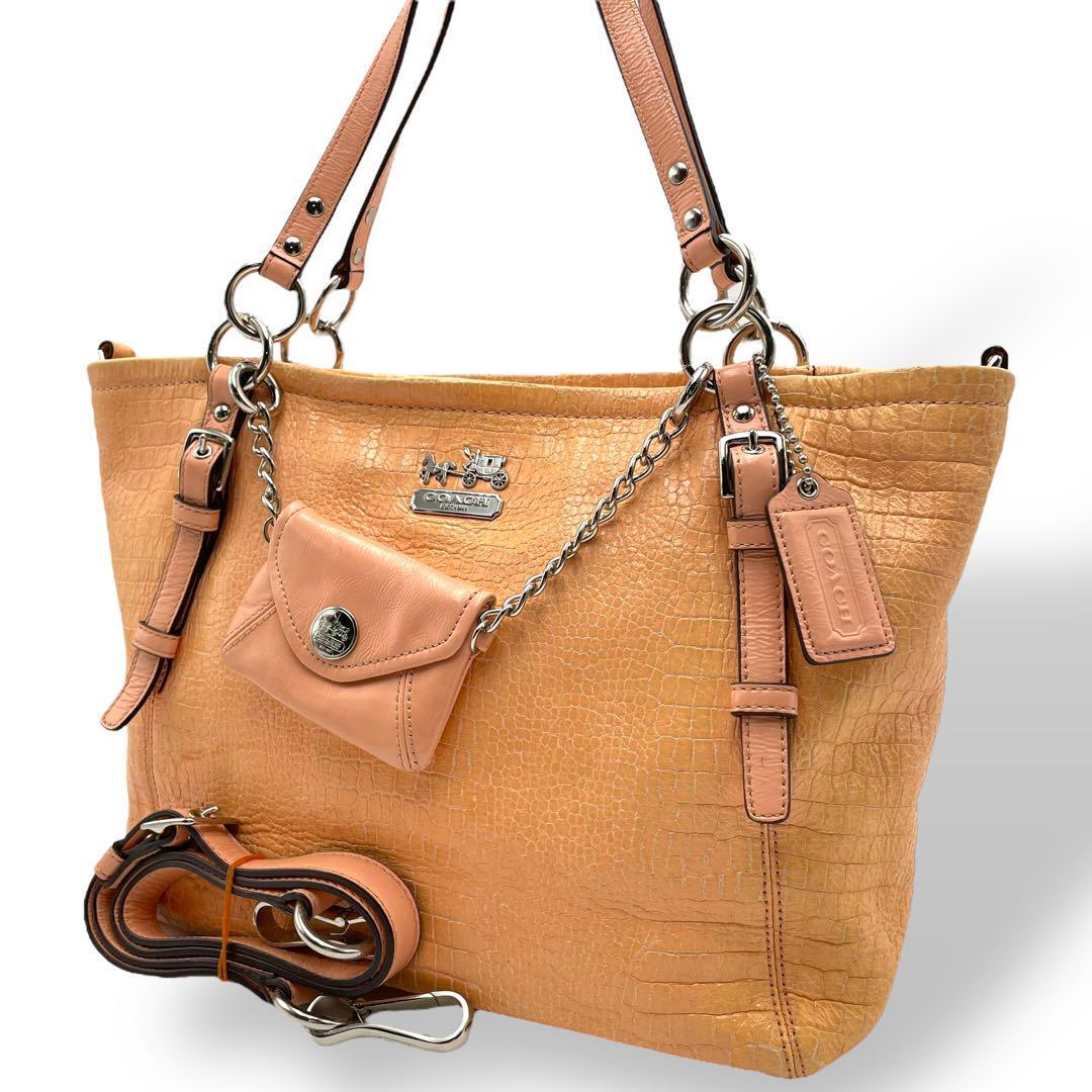 美品 COACH トートバッグ レザー サーモンピンク クロコ型押し 14836拍卖