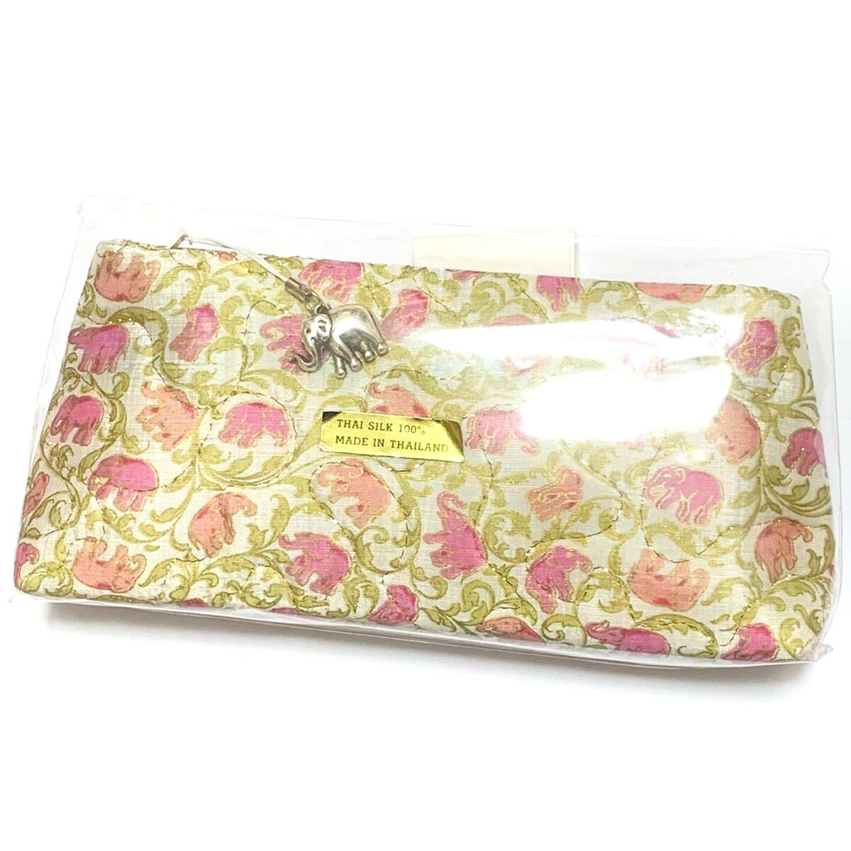 新品未使用 タイシルクポーチ 絹100% エレファント ピンク ホワイト 白 象 マルチポーチ メイクポーチ拍卖