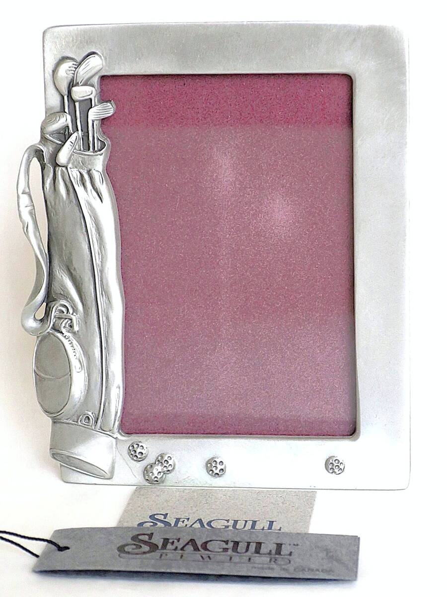 ヴィンテージ 1989年カナダ製 錫製 SEAGULL PEWTER シーガル ピューター フォトフレーム サイズ(9.8×8.2cm) ゴルフ系モチーフ拍卖