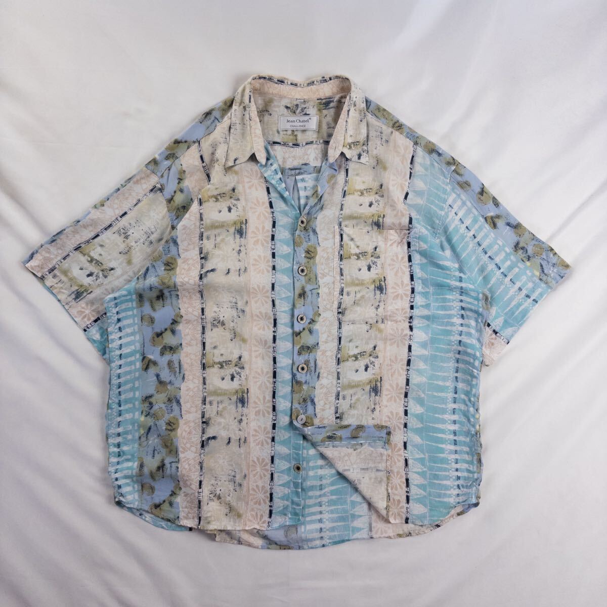 Euro Vintage 90s Jean Chatel ビスコース 好配色 アート 水彩 抽象 エスニック 民族 幾何学模様 縦ライン レトロ 総柄 デザインシャツ拍卖