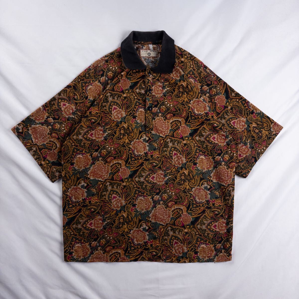 Euro Vintage トルコ製 90s TOP MAN コットン100% ハーフボタン アジアン シノワズリ 花柄 リーフ ボタニカル エスニック 民族 総柄シャツ拍卖