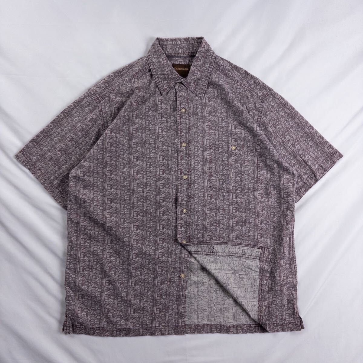 US Vintage 00s ST.JOHN'S BAY コットン100% くすみカラー プリミティブ エスニック 民族 アート 幾何学模様 フェード レッド 総柄シャツ拍卖