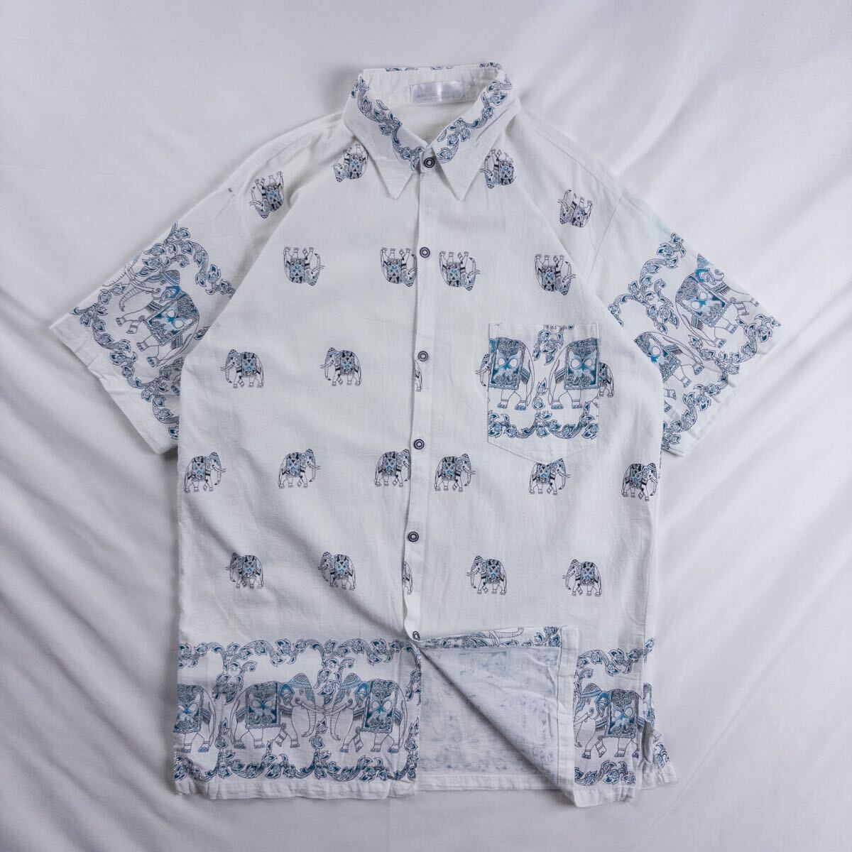 Vintage ANGKOR コットン100% 異素材 立体 サッカー地 アジアン エスニック 民族 ゾウ 象 アニマル柄 総柄 デザインシャツ拍卖