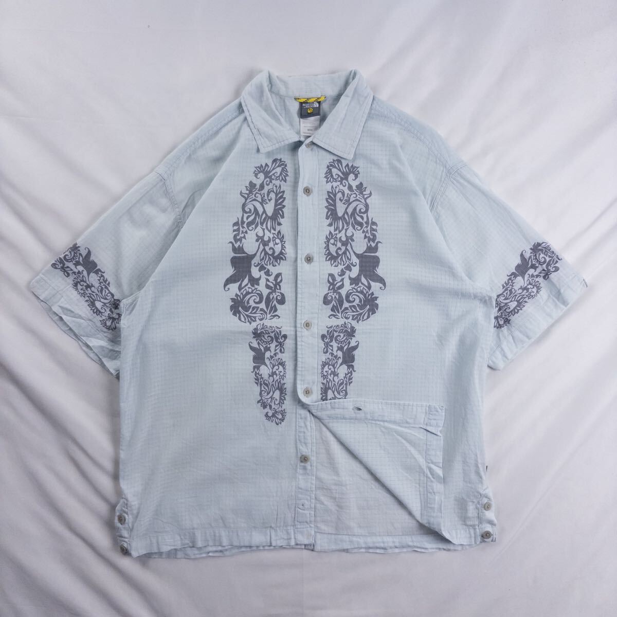 US Vintage 00s THE NORTH FACE A5 ノースフェイス コットン 立体 シアー ブロック トライバル エスニック アウトドア ライトブルー シャツ拍卖