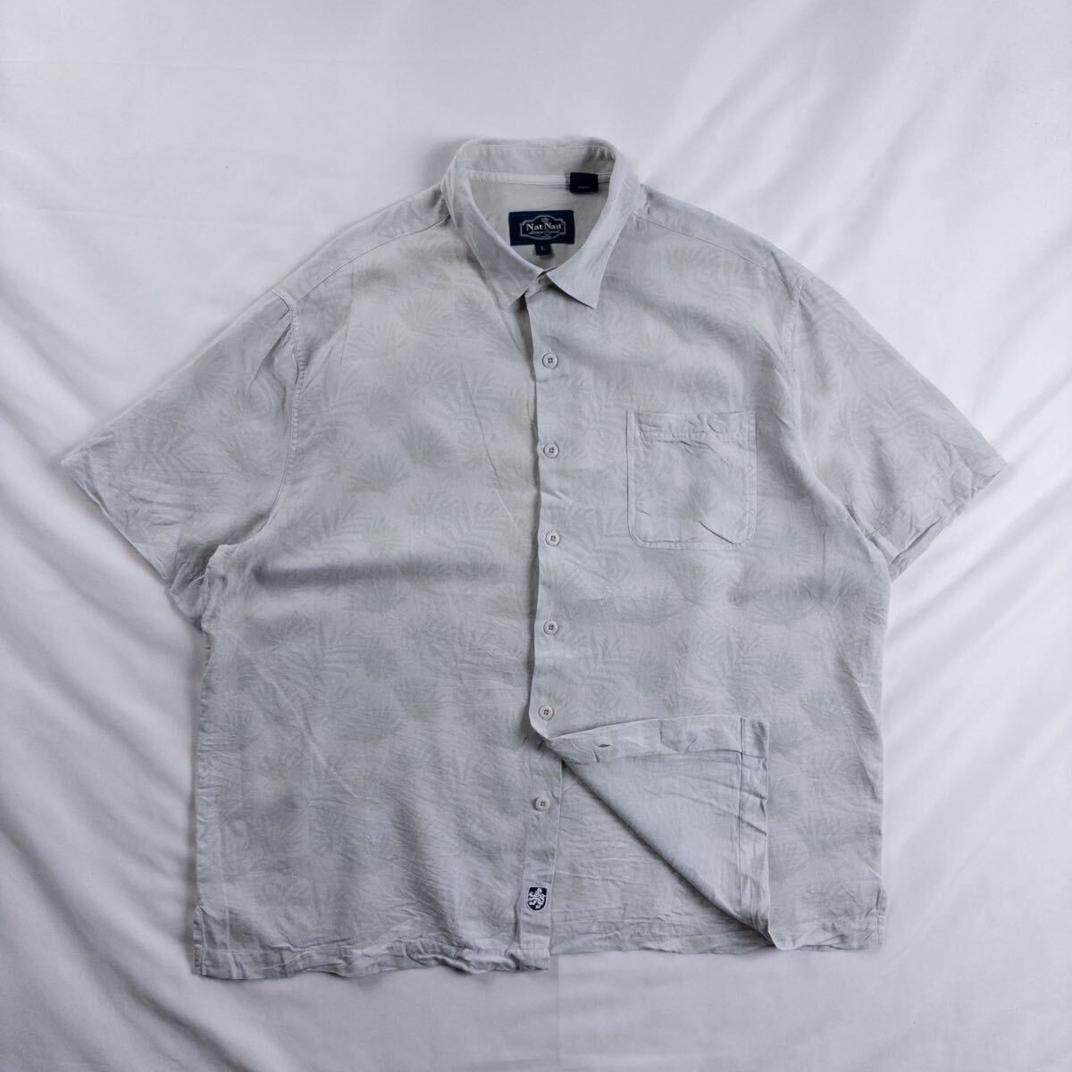 US Vintage 90-00s Nat Nast シルク コットン くすみカラー リーフ ボタニカル アート 点描 刺繍 ロゴ 短丈 ショート丈 総柄シャツ拍卖