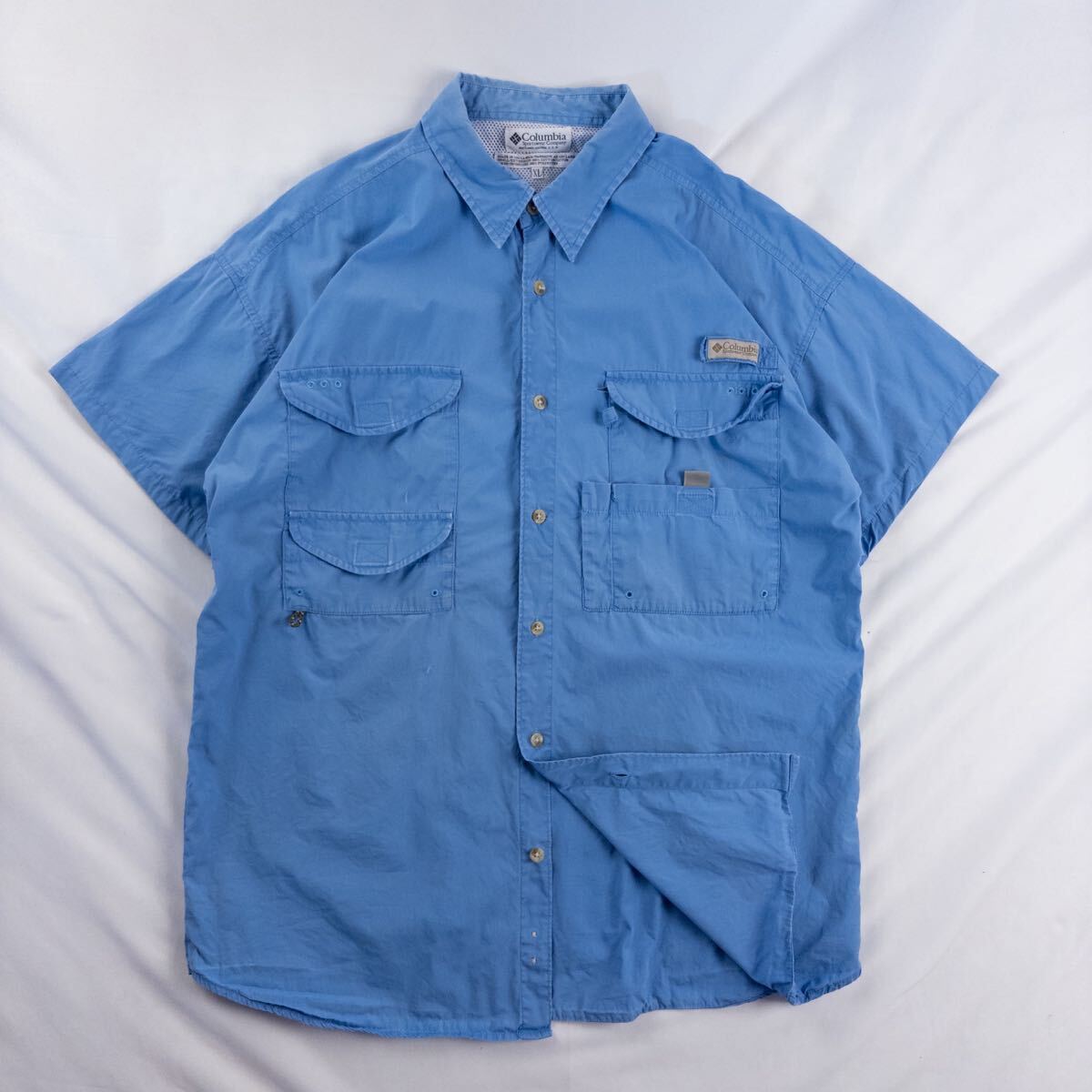 US Vintage Columbia PFG コロンビア コットン ボタンダウン メッシュ アウトドア ロゴ パッチ 単色 プレーン ブルー フィッシングシャツ拍卖