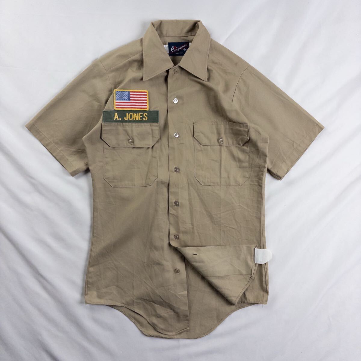 US Vintage アメリカ製 80s Conqueror ポリ コットン ツイル ユニオンメイド ACTWU 星条旗 ワッペン ミリタリー ワーク デザインシャツ拍卖