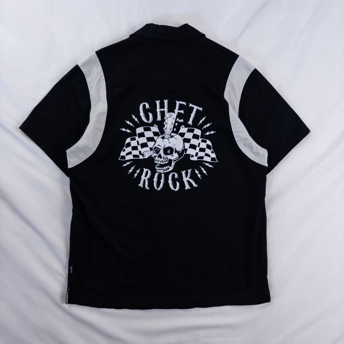 Euro Vintage 00s Chet Rock 開襟 オープンカラー ツイル モノトーン プリント ドクロ 髑髏 ギター ロック ブラック ボーリングシャツ拍卖