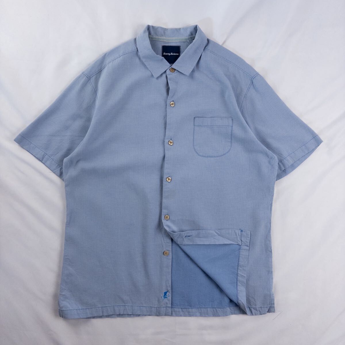 US Vintage Tommy Bahama シルク コットン 異素材 立体 格子 マイクロチェック 刺繍 ロゴ 単色 プレーン ライトブルー 水色 デザインシャツ拍卖