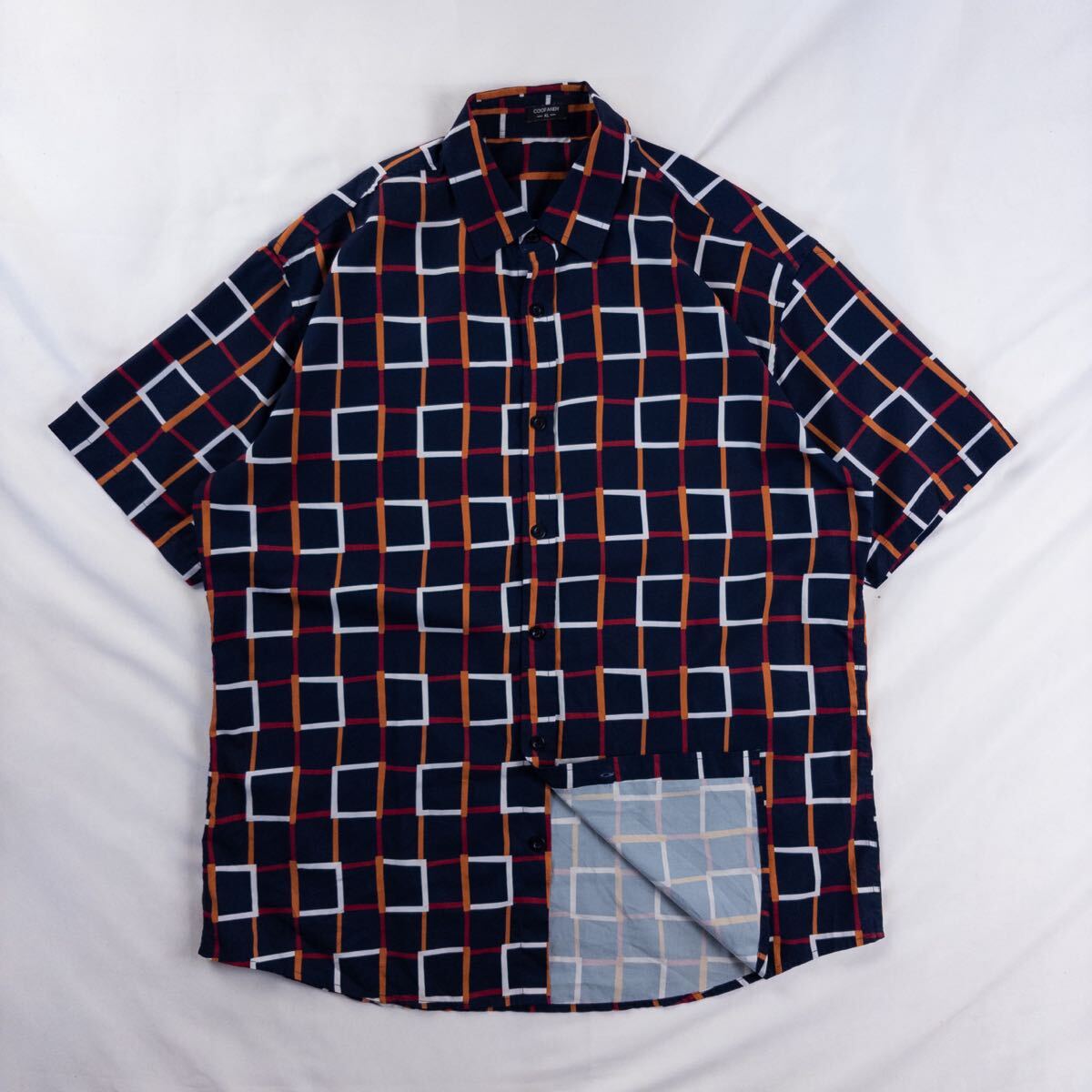 US Vintage COOFANDY コットン98% ポリエステル2% マルチカラー アート ブロック 格子 ネイビー 総柄 デザインシャツ拍卖