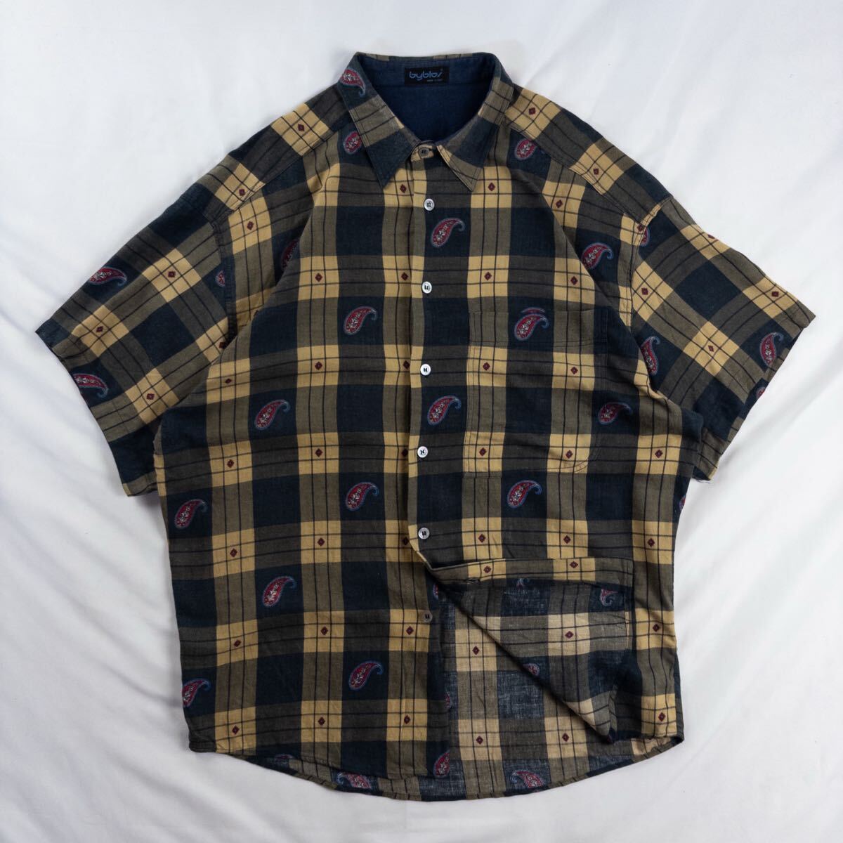 Euro Vintage イタリア製 90s byblos コットン タータンチェック 格子 ブロック ペイズリー柄 アート 装飾 総柄 デザインシャツ拍卖