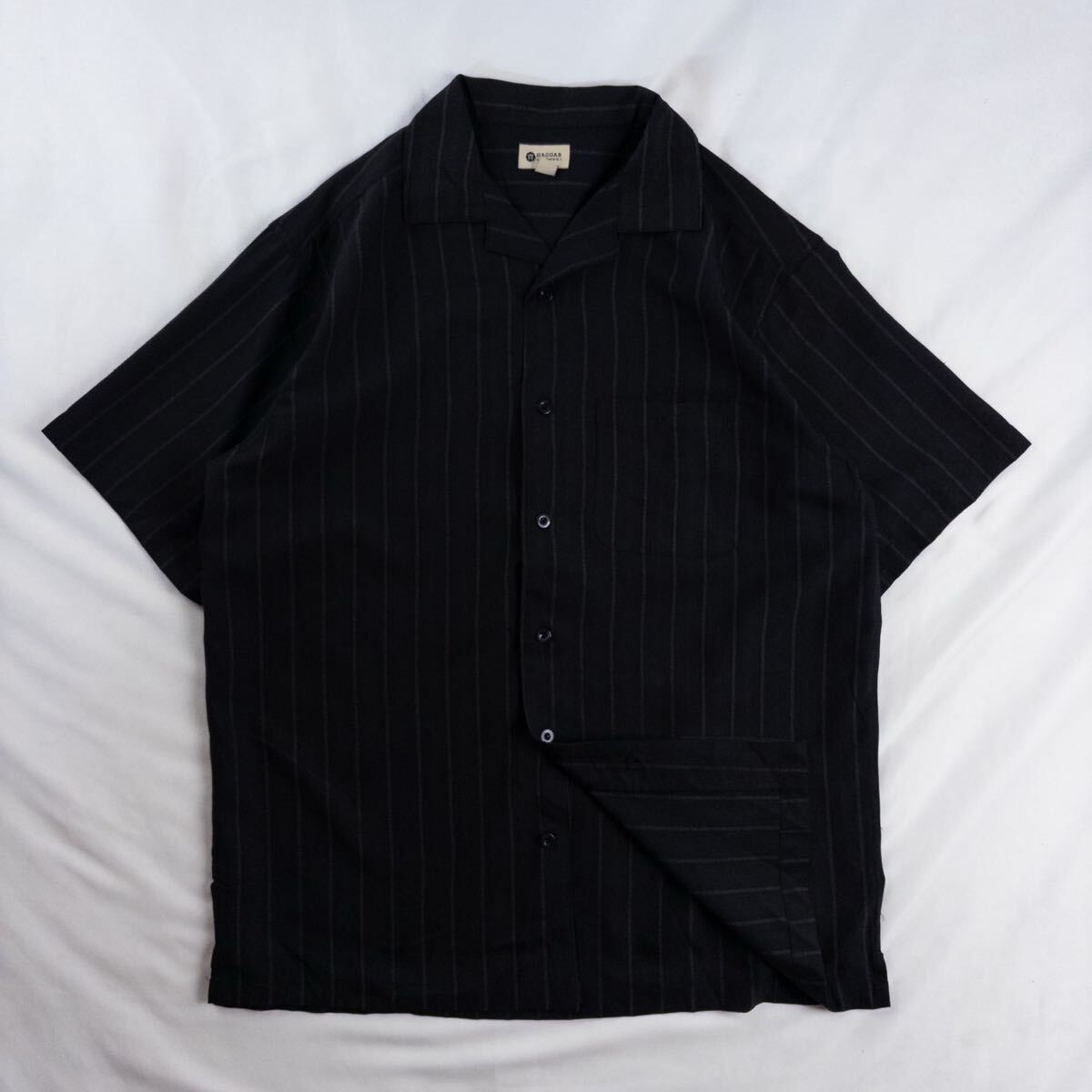 US Vintage 00s HAGGAR 開襟 オープンカラー 異素材 ドライタッチ 立体 刺繍 ストライプ 縦ライン アート ブラック 総柄シャツ ポリシャツ拍卖