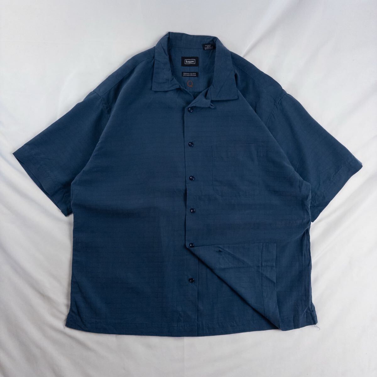 US Vintage 00s haggar 開襟 オープンカラー 光沢 刺繍 立体 格子 チェック とろみ くすみカラー アッシュブルー 総柄 デザインシャツ拍卖