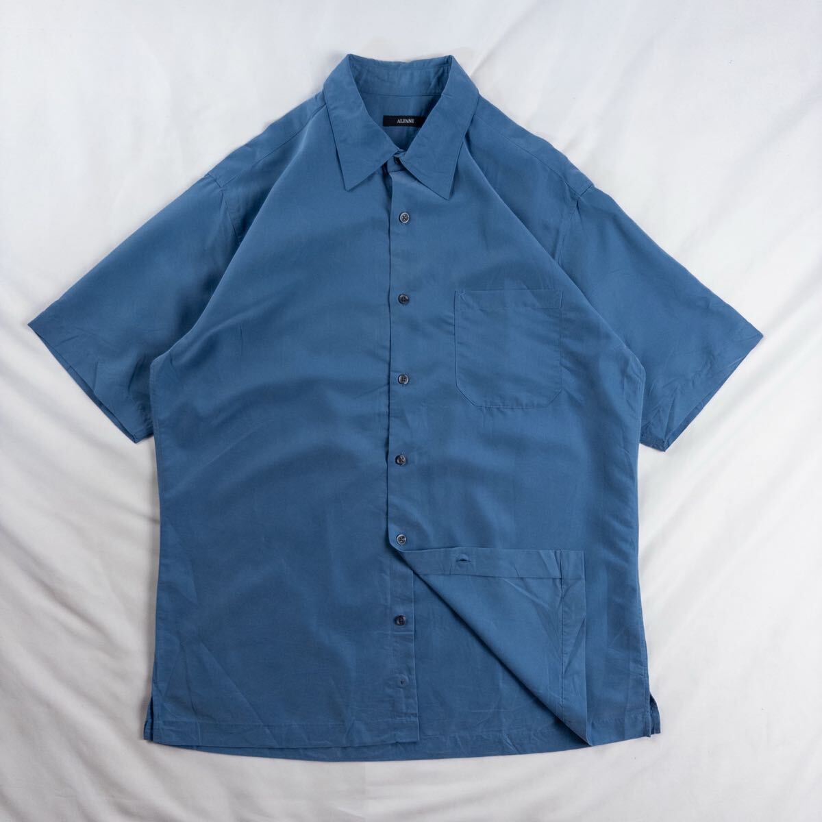 US Vintage 00s ALFANI モダール ポリエステル 光沢 とろみ ドレープ 単色 プレーン くすみカラー アッシュブルー ドレス デザインシャツ拍卖