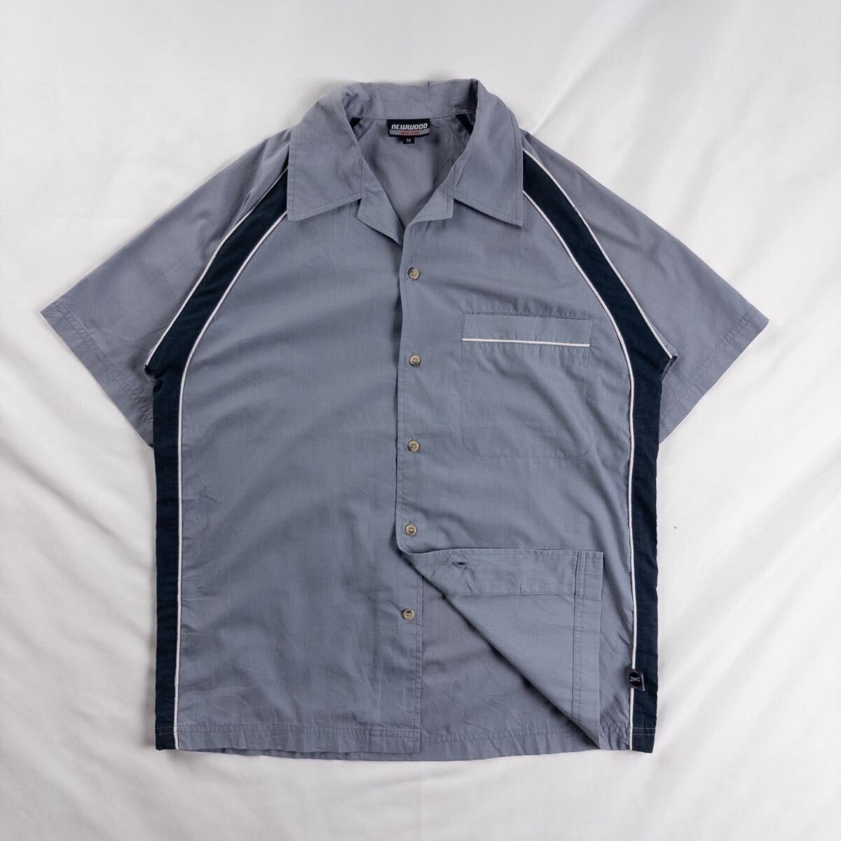 Euro Vintage 90-00s new wood ポリエステル コットン 開襟 オープンカラー ラグラン くすみカラー アッシュ グレー ワーク デザインシャツ拍卖