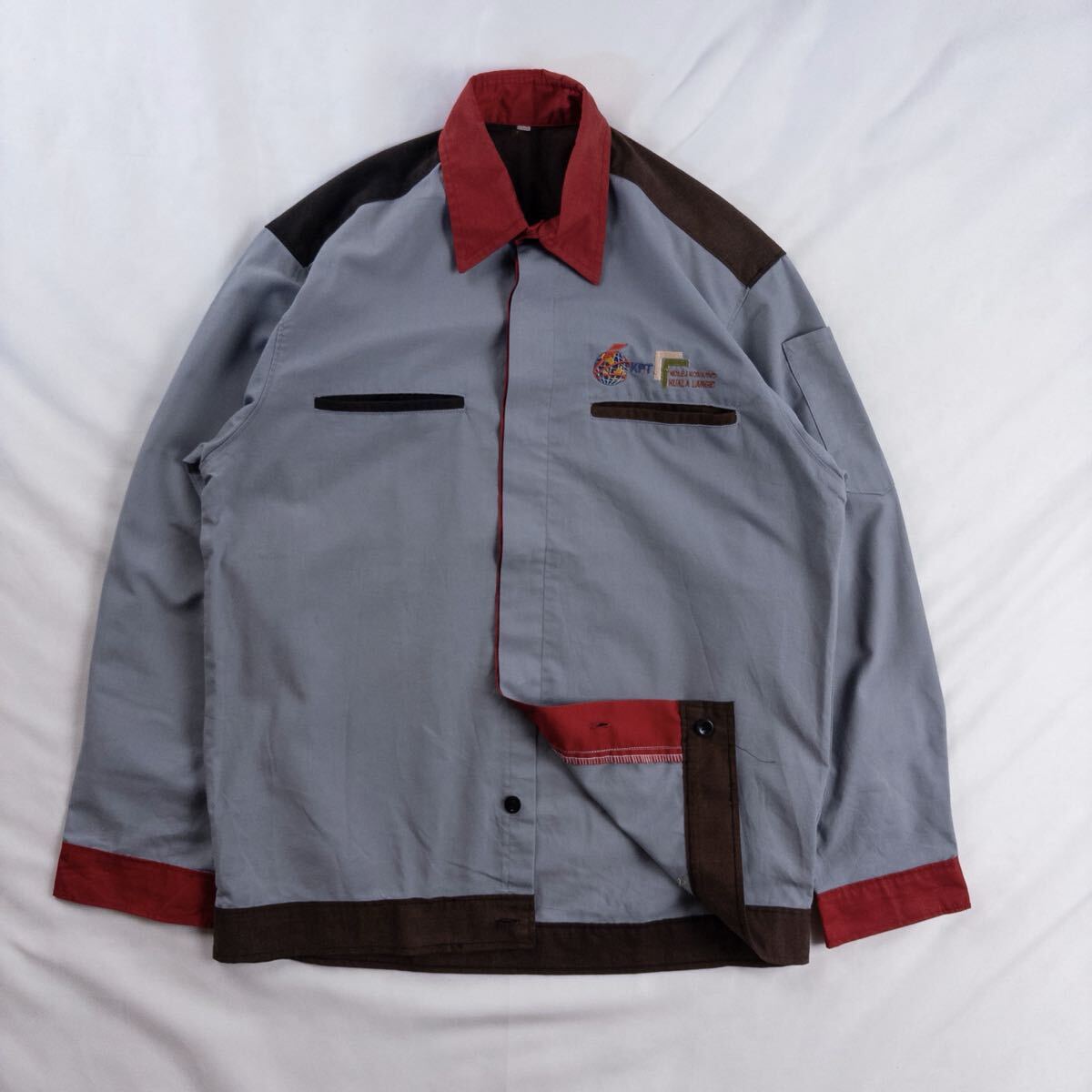 US Vintage Unknown コットン ポリエステル 比翼 フライフロント 好配色 刺繍 ロゴ 企業 ユニフォーム ワーク デザインシャツ拍卖