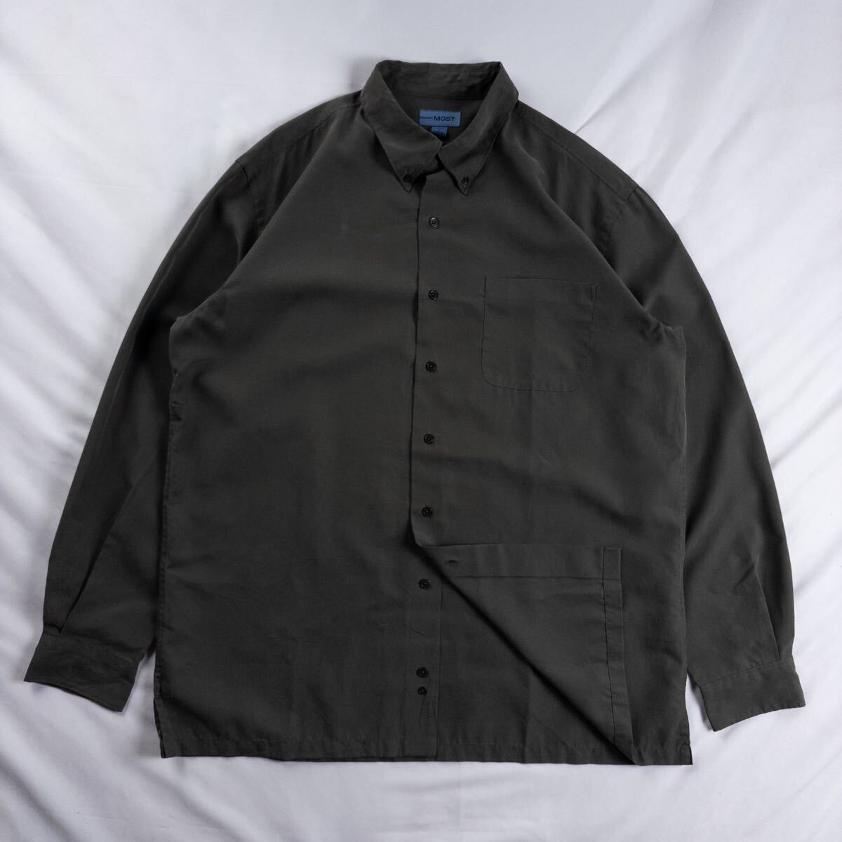 US Vintage MOST モダール ポリ ボタンダウン 異素材 ガンクラブチェック とろみ ドレープ モスグリーン オリーブ 総柄 デザインシャツ拍卖