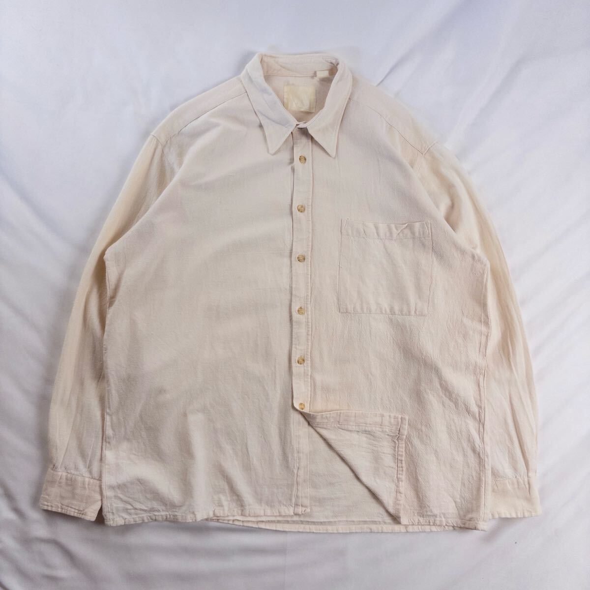 US Vintage 60s Unknown コットン 異素材 ドビー織り 立体 ネップ ドライタッチ 単色 プレーン 生成り ベージュ デザインシャツ拍卖