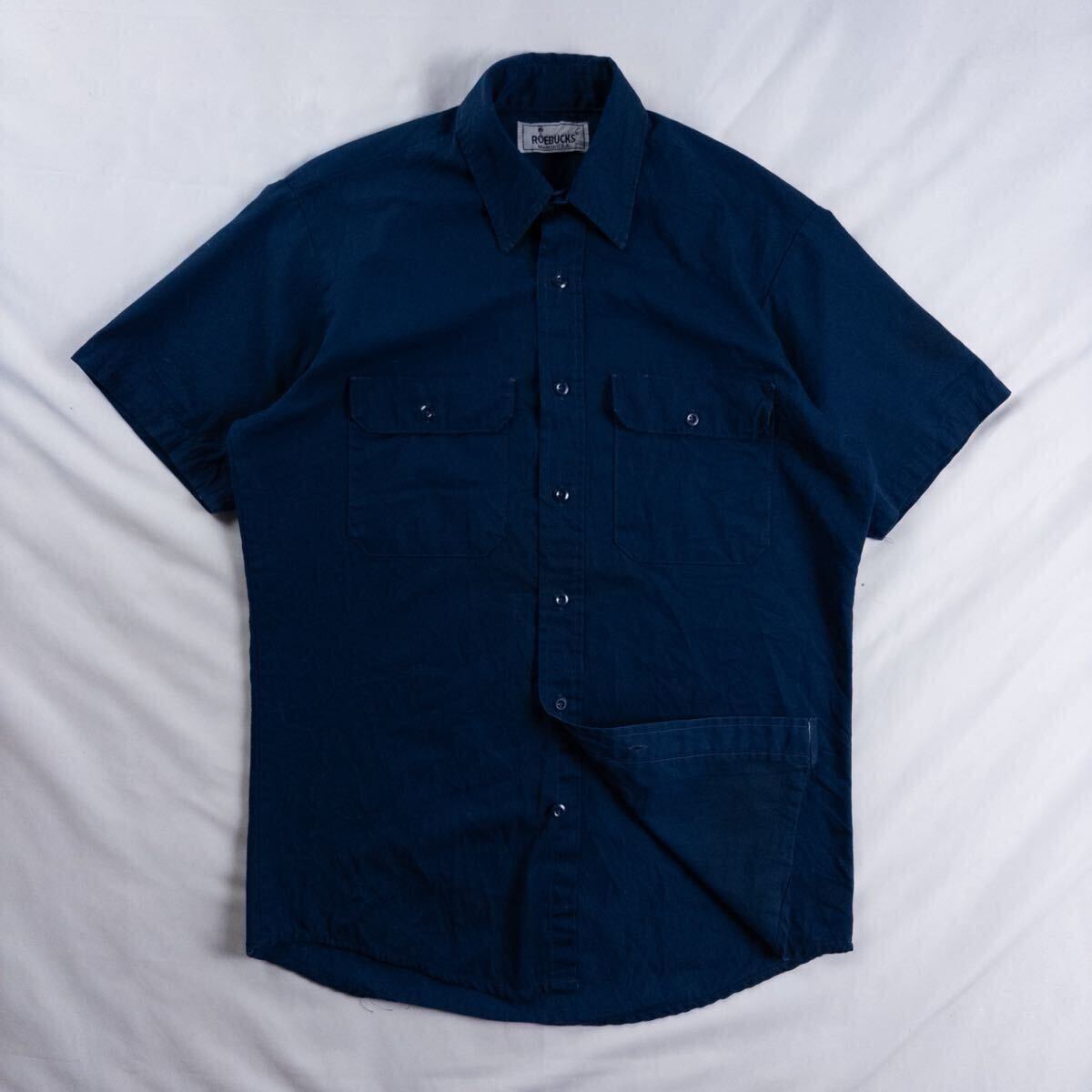 US Vintage アメリカ製 90s ROEBUCKS コットン ツイル 単色 プレーン ネイビー 紺 フラップポケット ワーク デザインシャツ拍卖