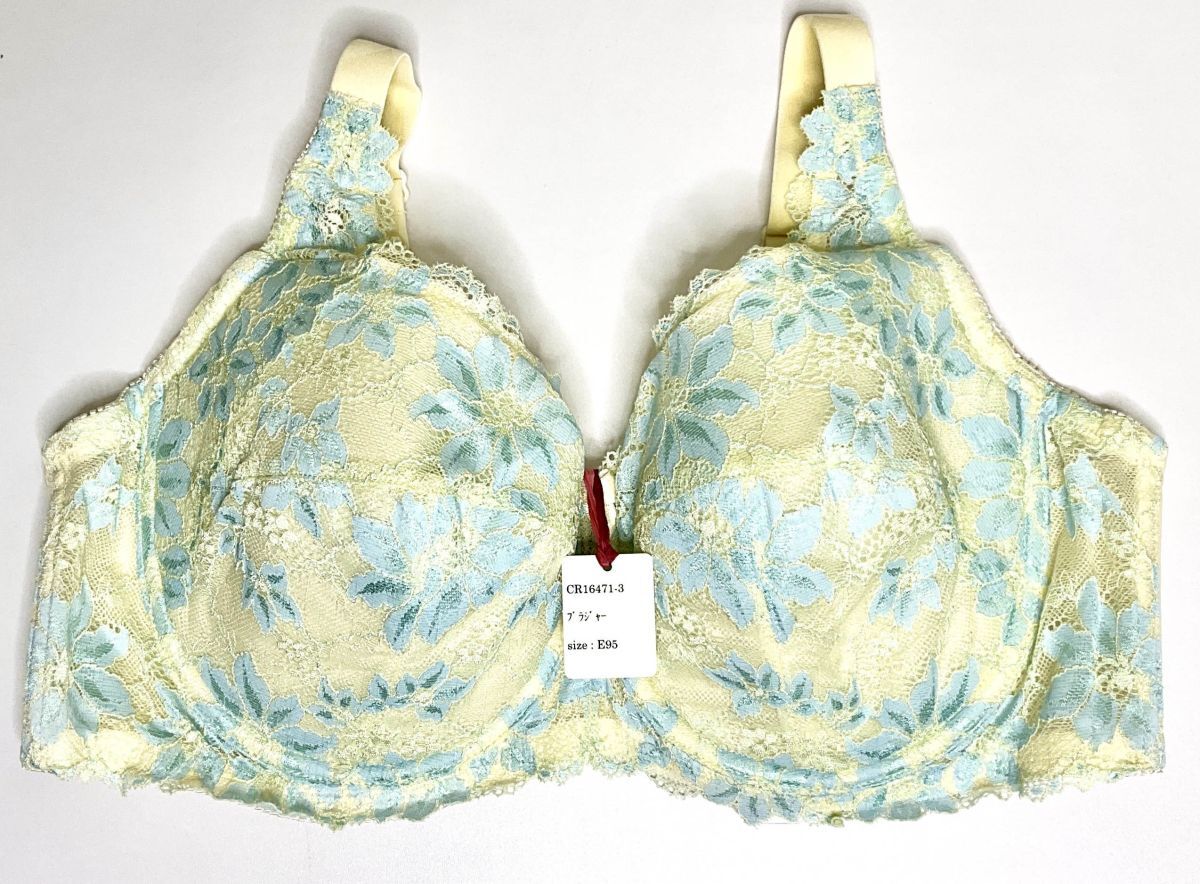 CR16471-3 IB⑦【特価】新品 大きい ブラジャー E95 1枚 レモンイエロー 花柄 レース リボン フルカップ 幅広ストラップ レディース拍卖