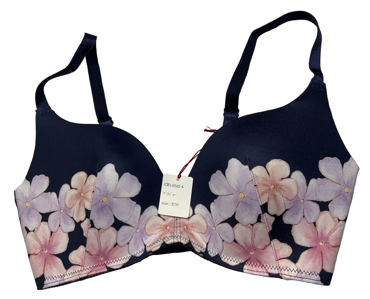 CR14342-4 IB⑥【特価】新品 大きい ブラジャー E70 ネイビー 有名ブランド 花柄 ノンワイヤー 脇高 刺しゅう レディース拍卖