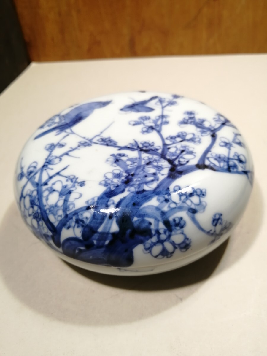 清染付 梅に鶯盒子 清朝 道光 箱付き 染付 香合 盒子 蓋物 中国 古玩 CH37b10拍卖