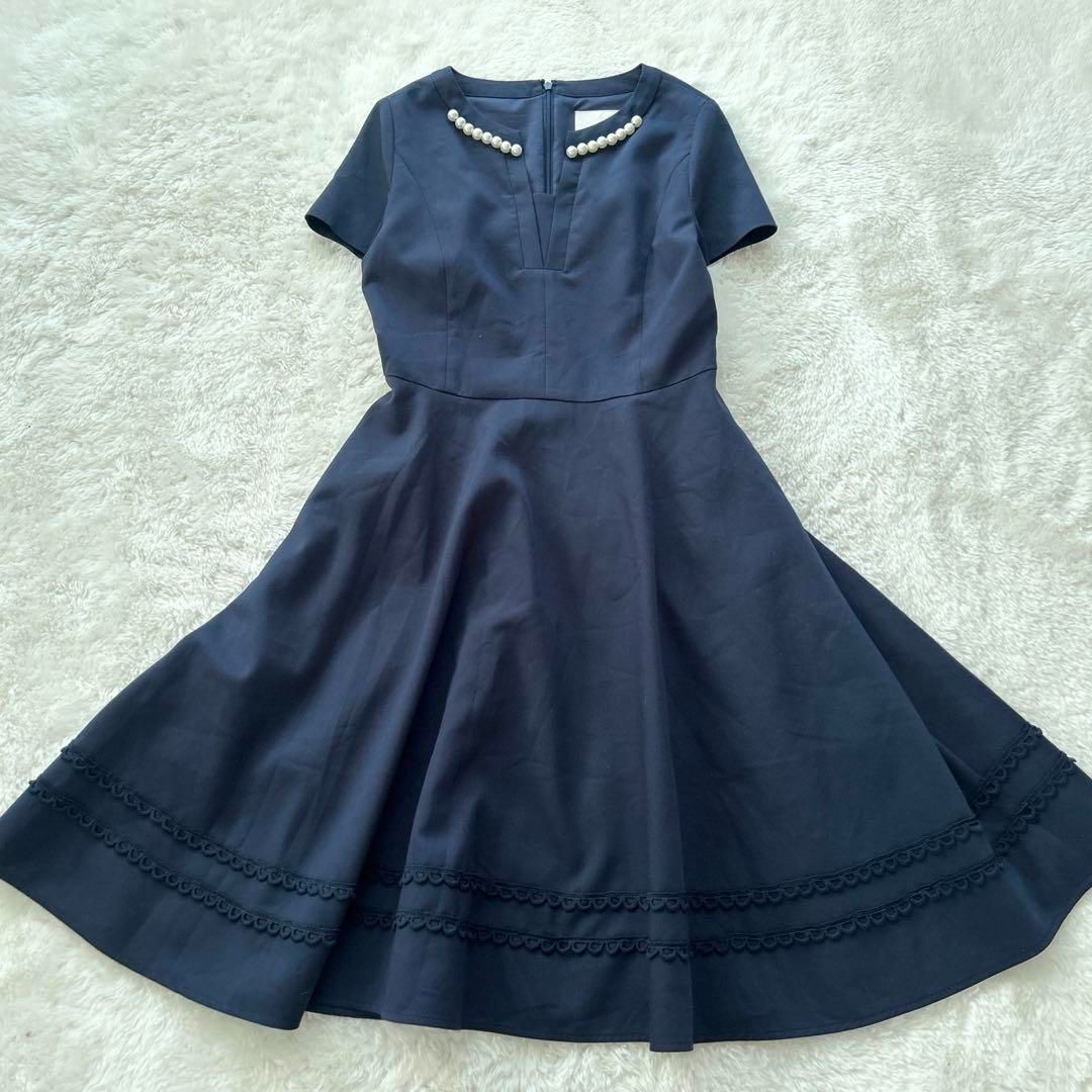 Chestyチェスティ パールワンピース ネイビー サイズ0 美品 膝丈 上品拍卖