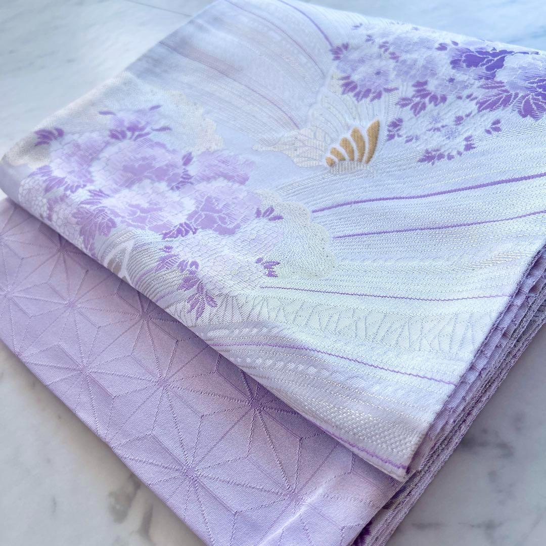 美品 嵯峨 リバーシブル 六通柄 牡丹 蝶柄 袋帯 お太鼓柄 淡色 柔らか生地拍卖