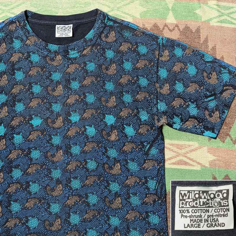鯉 亀 波 【wildwood productions】 90年代 総柄 Tシャツ L オールオーバー プリント ワイルドウッド プロダクションズ ビンテージ 80s90s拍卖