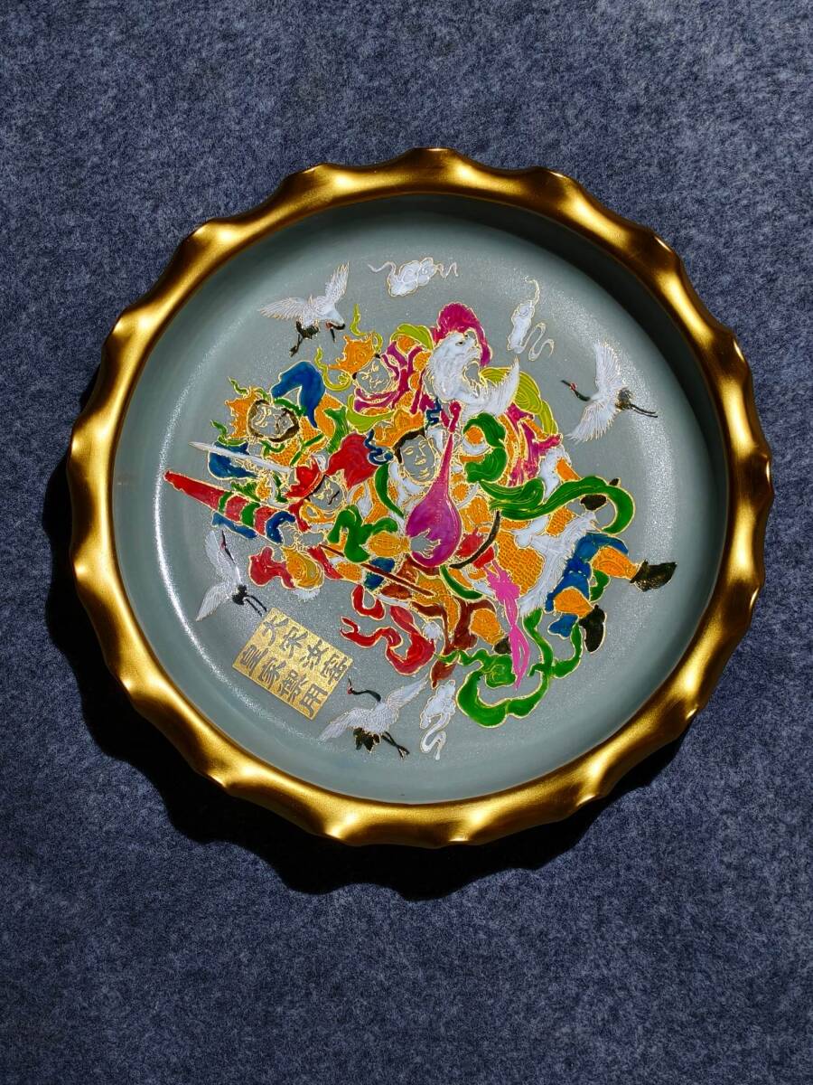 TM8#7507【3.1】中国骨董 人間国宝 磁器【汝窯四大天王賞盤です】工芸品 施釉陶 青花磁 陶芸 精美彫 置物 收藏品 拍卖