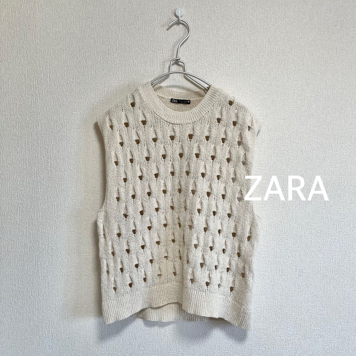 ZARA ザラ|模様編みクルーネックニットベスト アイボリー EUR L/USA L/MEX30|透かし編み ノースリーブニット オフホワイト拍卖