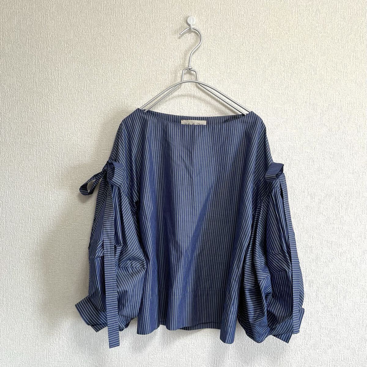 SOHO DE LUXE ソーホーデルクス|ボリュームスリーブプルオーバーブラウス ネイビー 40|イタリア製 リボン バルーンスリーブ 上品拍卖