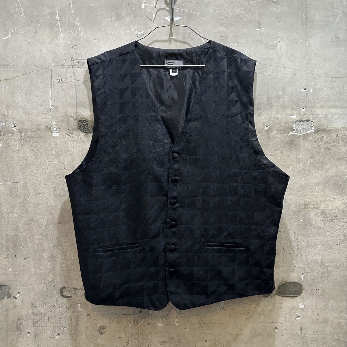 US古着 STEVEN LAND スティーブンランド 柄ベスト ブラック 黒拍卖