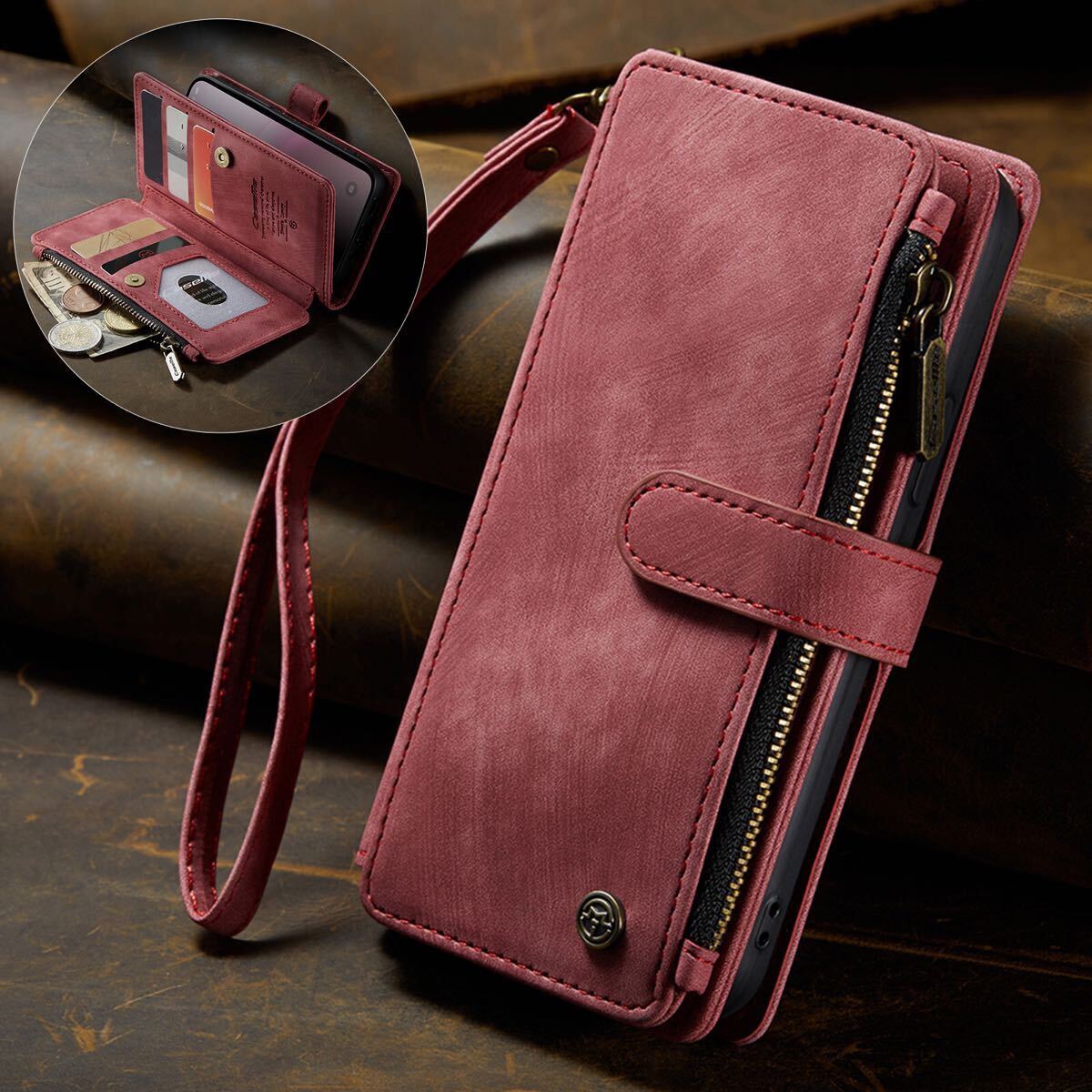 iPhone 16e レザーケース アイフォン16e ケース iPhone16e カバー 手帳型 カード収納 お財布付き ストラップ付き レッド拍卖